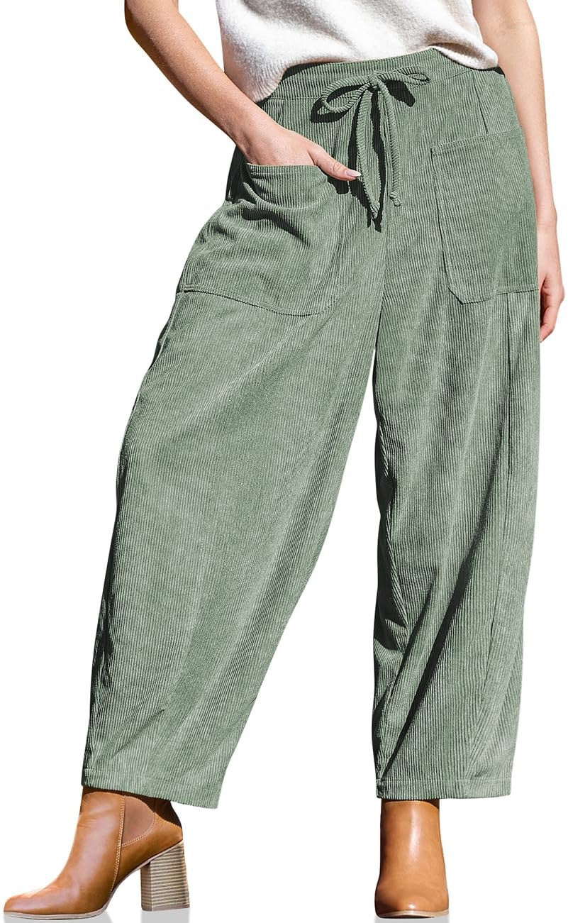 Women's Corduroy Wide Leg Pants Drawstring Pockets