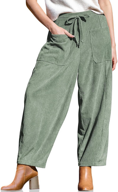Women's Corduroy Wide Leg Pants Drawstring Pockets