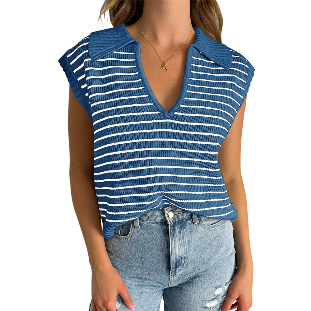 V-Neck Striped Knit Sweater, Casual Lapel Top