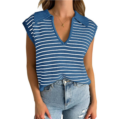 V-Neck Striped Knit Sweater, Casual Lapel Top
