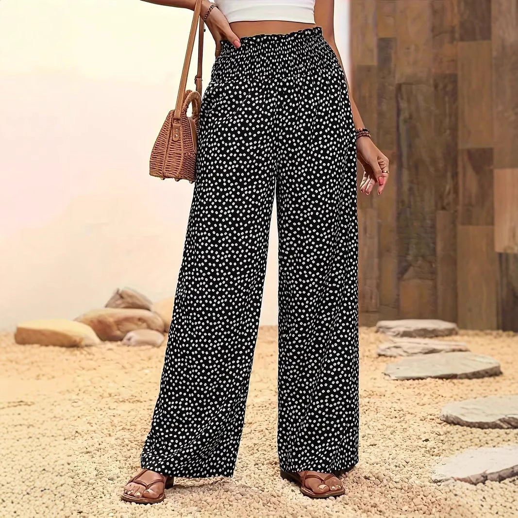 Women's Polka Dot Elastic Waist Wide Leg Casual Pants