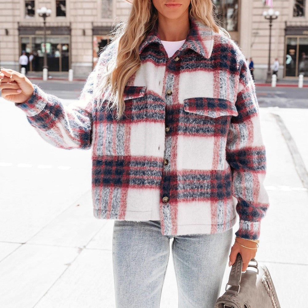 Plaid Button-Up Cropped Wool Blend Jacket with Pockets