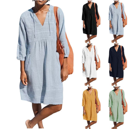 Women's Cotton V-Neck Loose Midi Dress Pockets