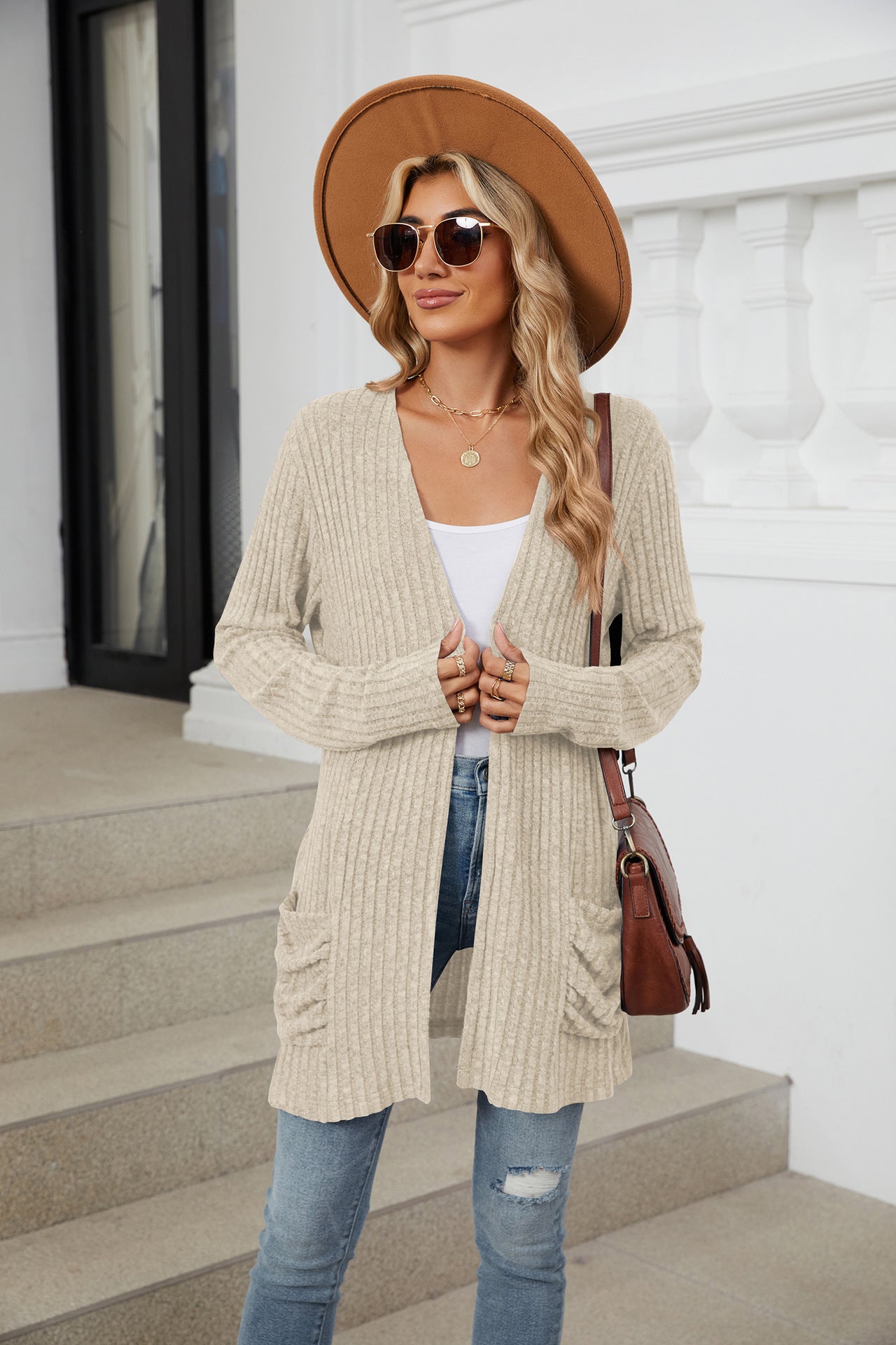 Simple Pocketed Long Sleeve Cardigan Knit Top