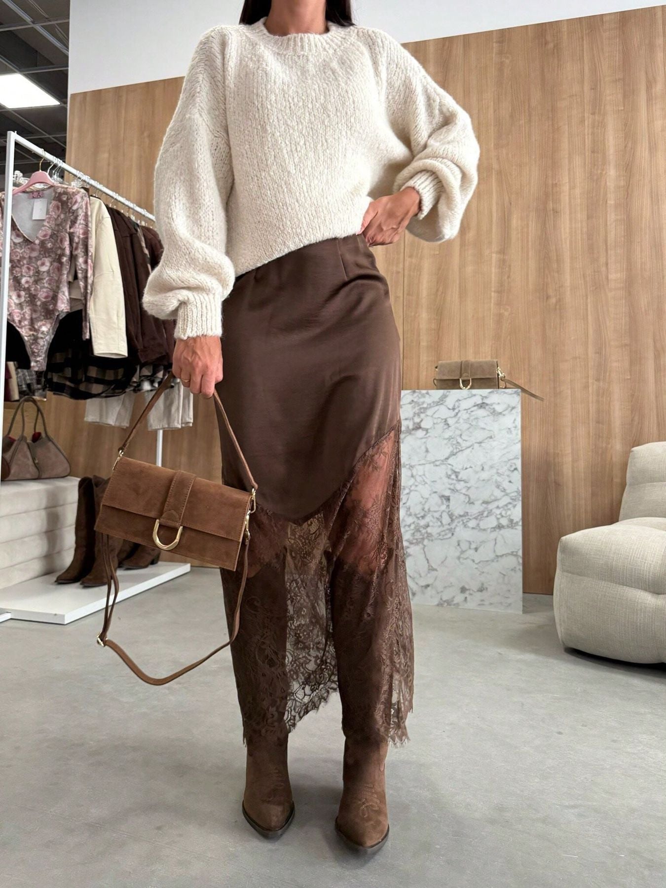 Women Satin Lace Patchwork Midi Skirt Bodycon