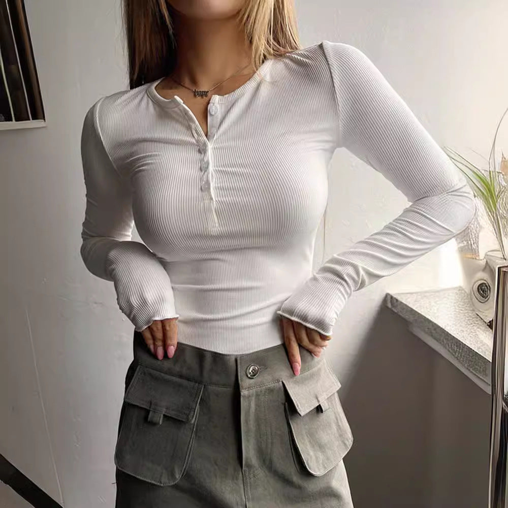 Women's Ribbed Henley Long Sleeve Fitted Top