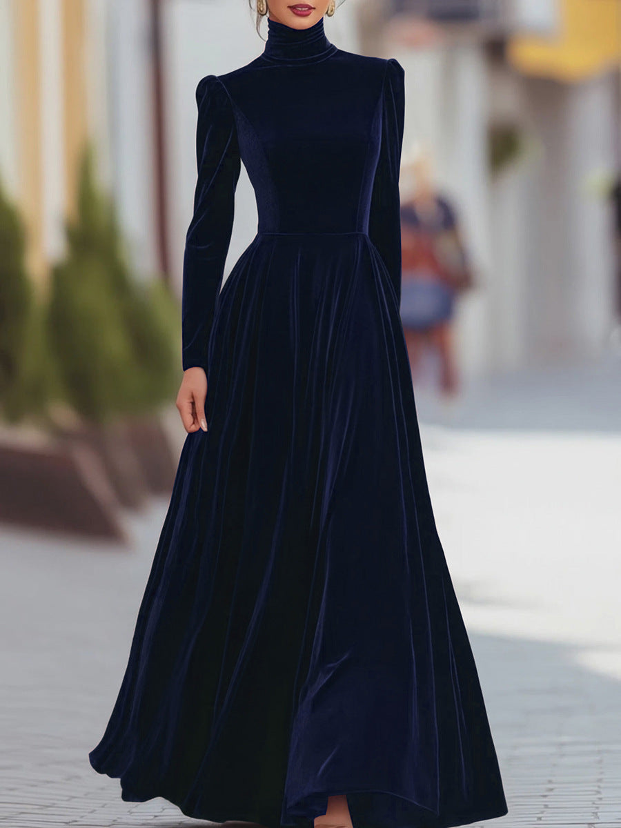 Velvet Turtleneck Long Sleeve Maxi Dress Fit Flare