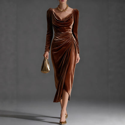 Sexy Velvet Ruched Long Sleeve Bodycon Midi Slit Dress