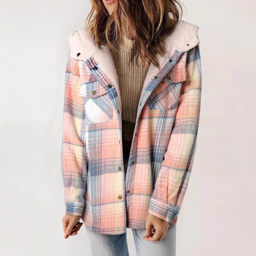Women's Plaid Fleece Hooded Shacket with Pockets