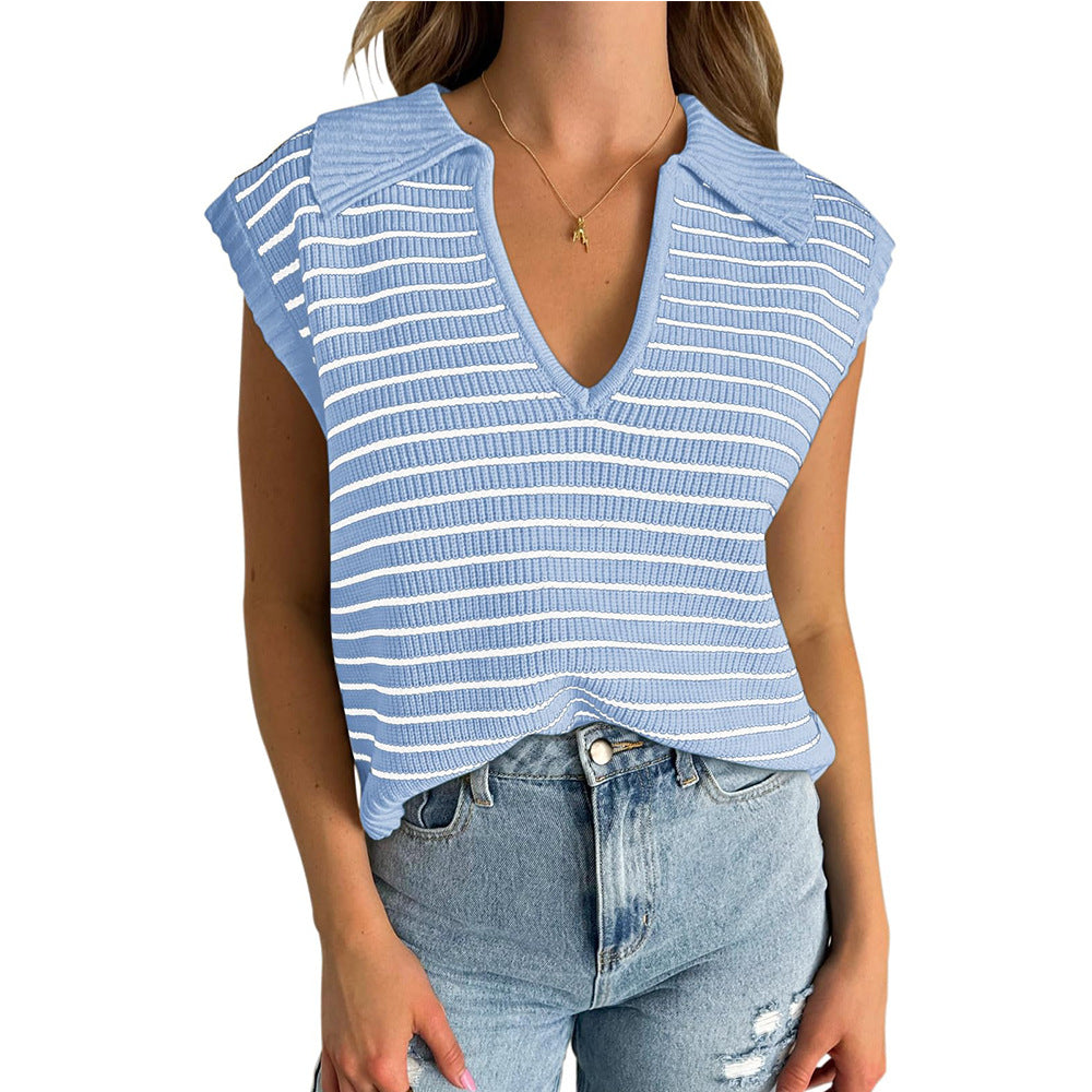 V-Neck Striped Knit Sweater, Casual Lapel Top