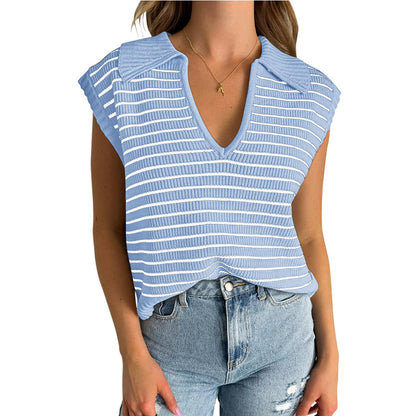 V-Neck Striped Knit Sweater, Casual Lapel Top