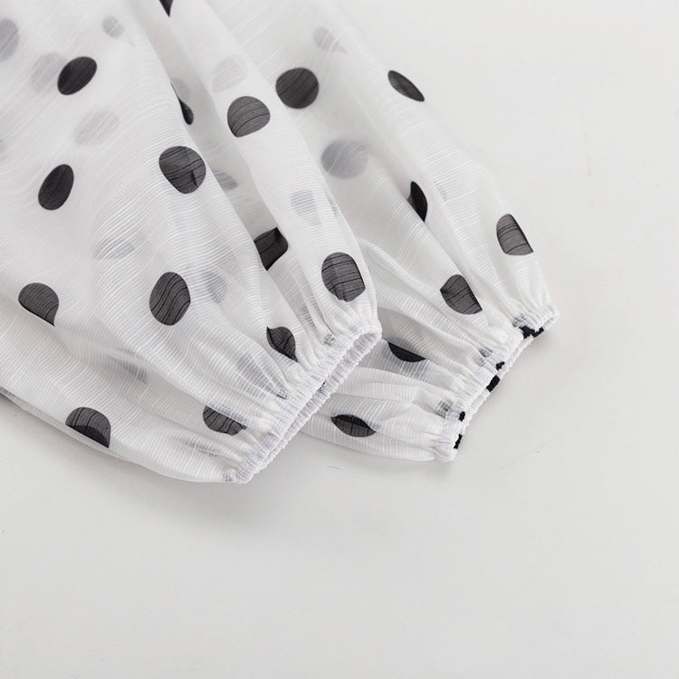 Polka Dot Ruffle Stand Collar Blouse Tie Waist Long Sleeve