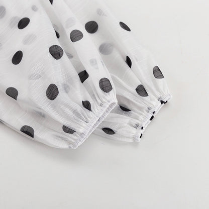 Polka Dot Ruffle Stand Collar Blouse Tie Waist Long Sleeve