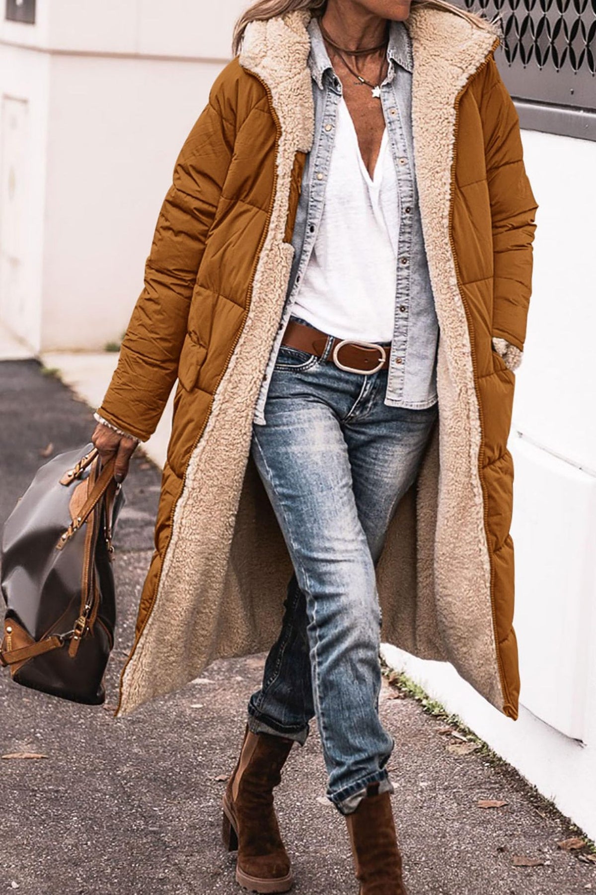 Women's Long Hooded Puffer Coat Sherpa Lined Winter