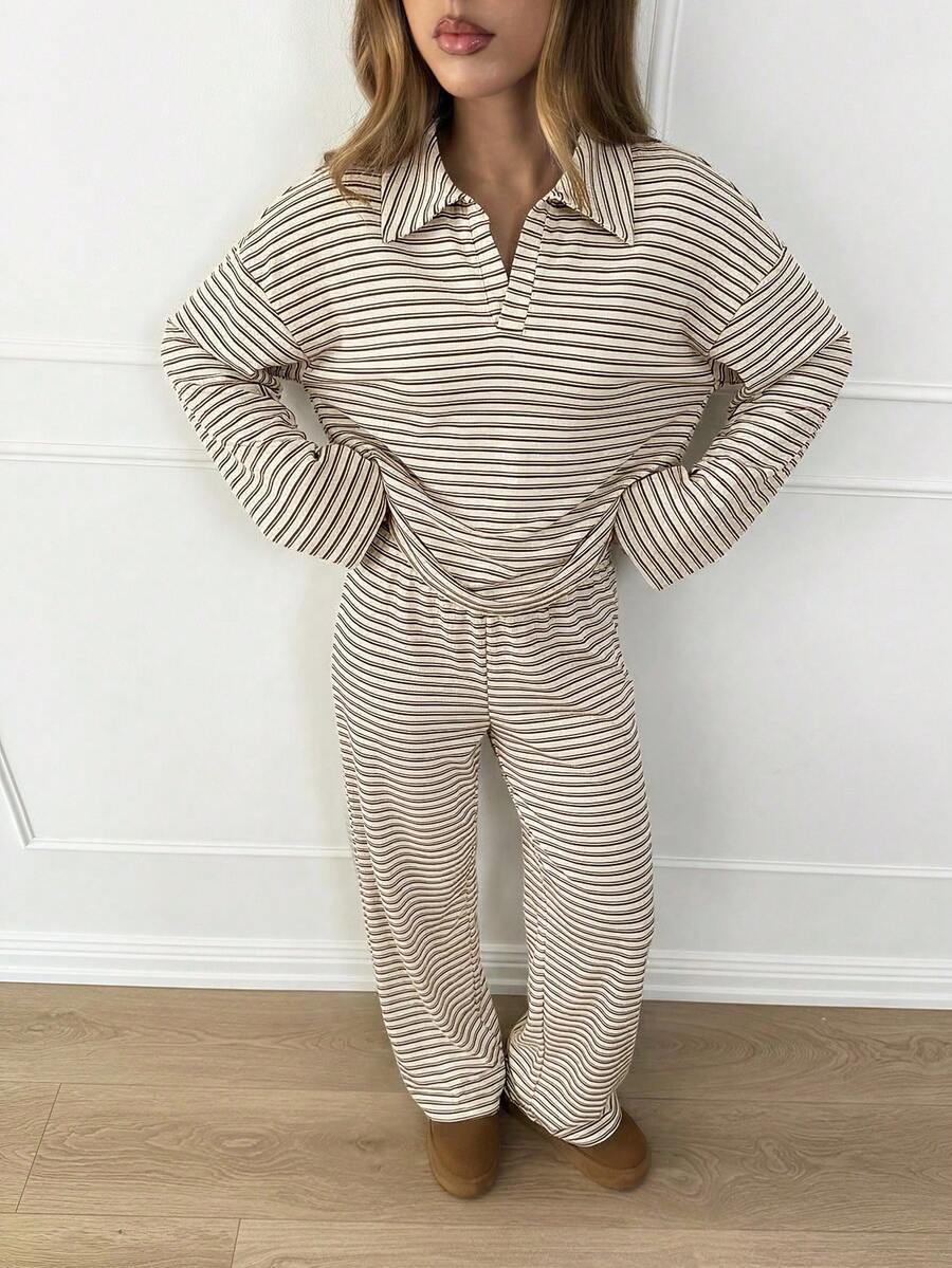Striped Lounge Set Women Collared Pullover Wide Leg Pants