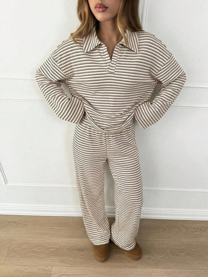 Striped Lounge Set Women Collared Pullover Wide Leg Pants