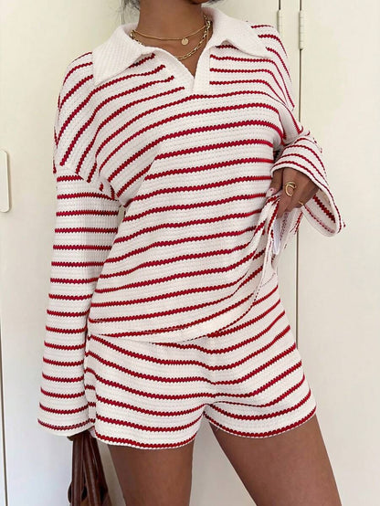 Striped Polo Lounge Set Long Sleeve Top & Shorts Set