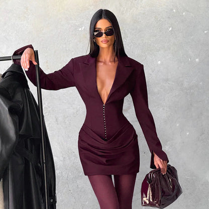 Sexy Plunge V Neck Blazer Dress Long Sleeve Ruched Mini