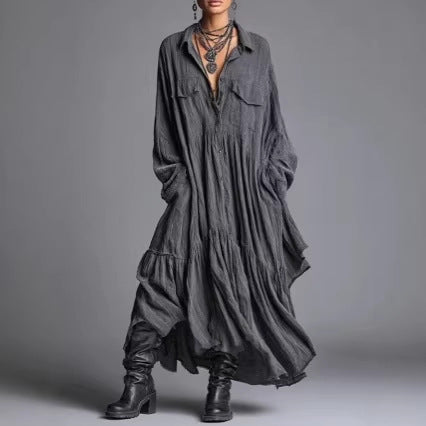 Oversized Pleated Maxi Shirt Dress Long Sleeve Vintage