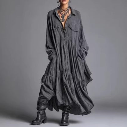 Oversized Pleated Maxi Shirt Dress Long Sleeve Vintage