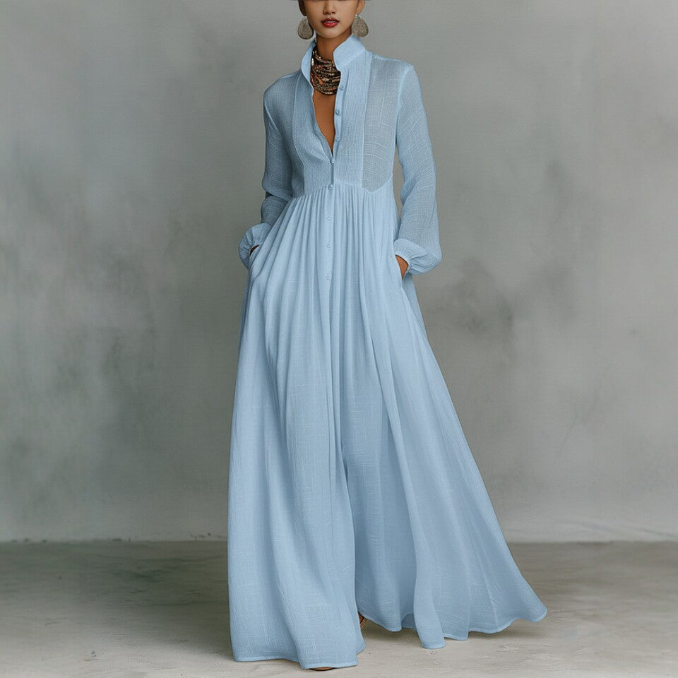 Elegant Vintage Maxi Dress Long Sleeve A-Line Button Down