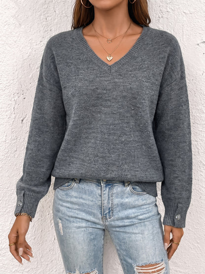 Womens V Neck Sweater Oversized Button Cuff Pullover
