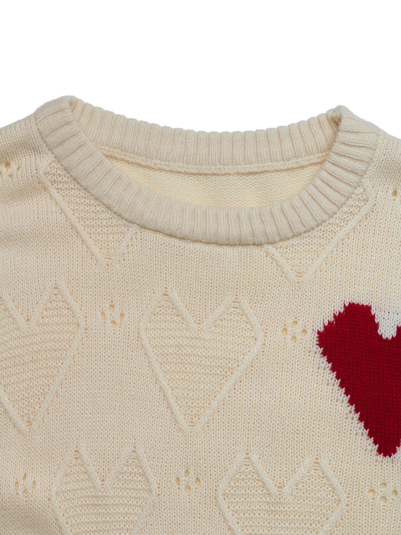 Valentine Heart Pointelle Crew Neck Knit Sweater