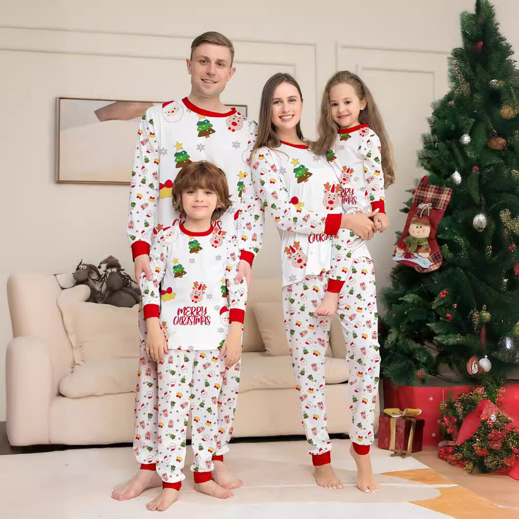 Christmas Cartoon Solid Color Christmas Tree Print Parent-child Christmas Pajamas