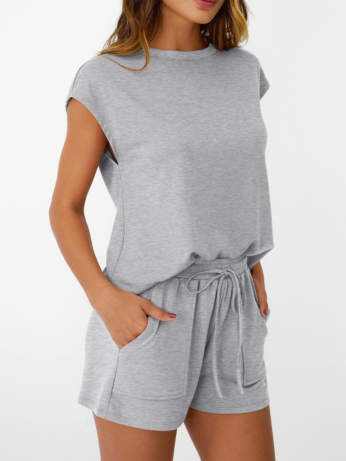 Solid Knit Shorts Set Crew Neck Pocket Lounge Outfit