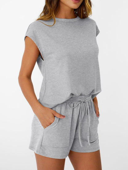 Solid Knit Shorts Set Crew Neck Pocket Lounge Outfit