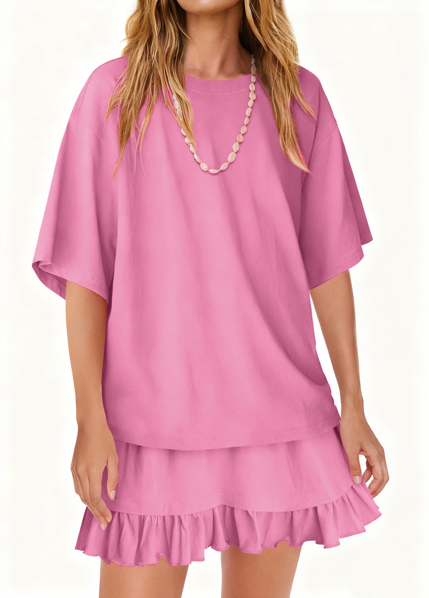 Women's Oversized Tee & Ruffle Mini Skirt Two Piece Set