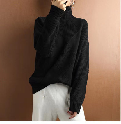 Chunky Turtleneck Sweater Diamond Pattern Pullover