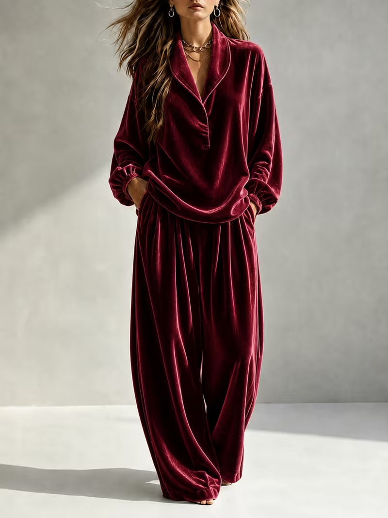 Women's Velvet Collared Lounge Set Wide Leg Pants