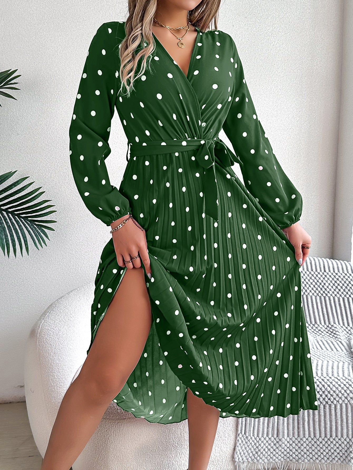 Elegant Polka Dot Cross-Over V-Neck Pleated Midi Dress