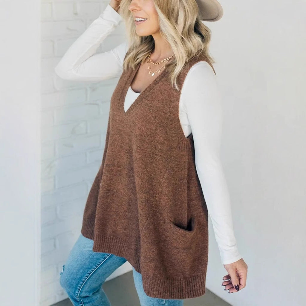 Women's Oversized V-Neck Knit Sweater Vest with Pockets