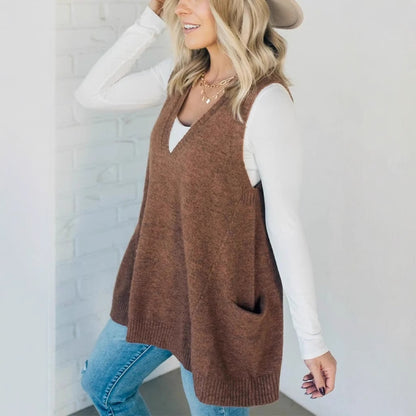 Women's Oversized V-Neck Knit Sweater Vest with Pockets