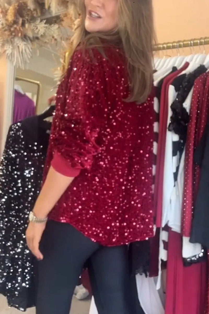 Women's Sequin Long Sleeve Button Down Collared Shirt