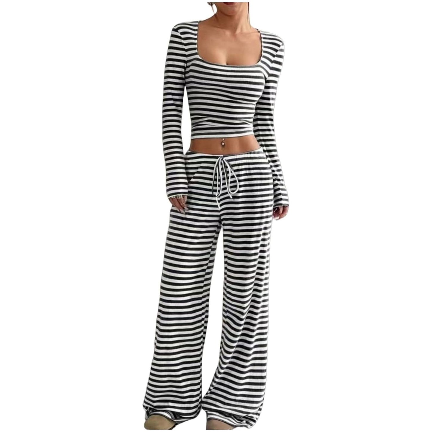 Striped Polyester T-Shirt & High-Waist Wide Leg Pants Set