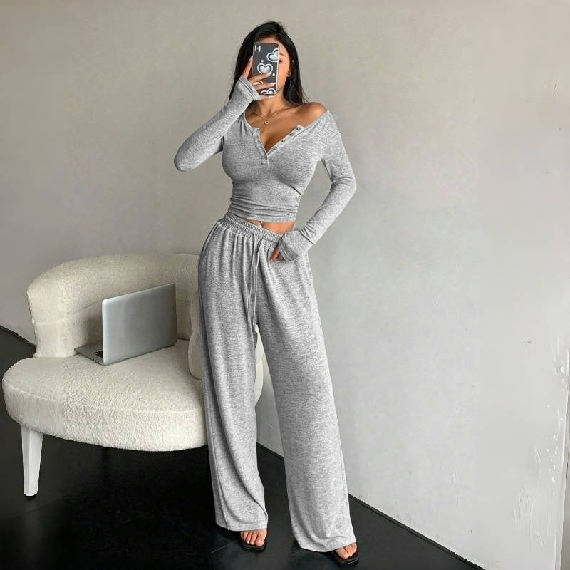 Women's Two Piece Lounge Set Button Top Wide Leg Pants