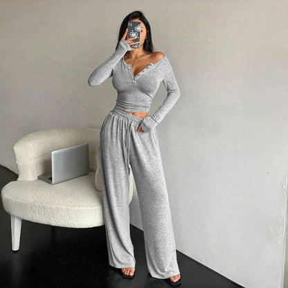 Women's Two Piece Lounge Set Button Top Wide Leg Pants