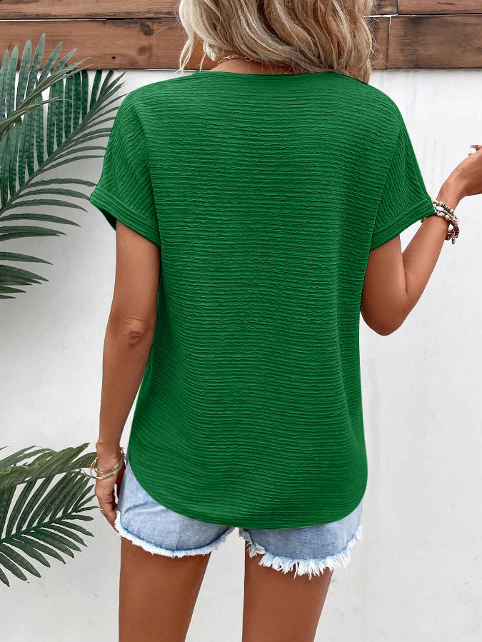 Textured V Neck Short Sleeve Top for Summer Women