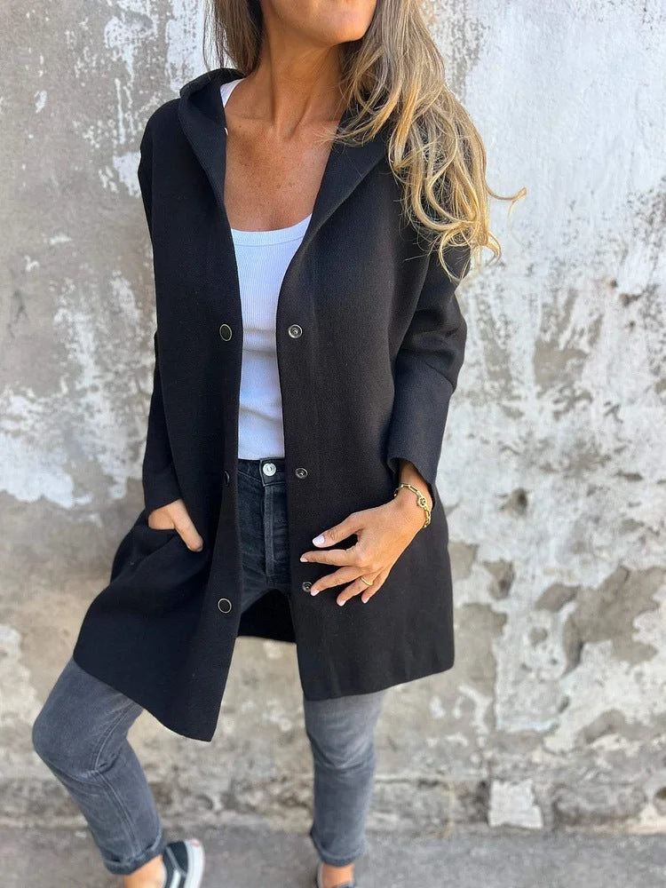 Women's Hooded Coat Button Front Mid Length Casual
