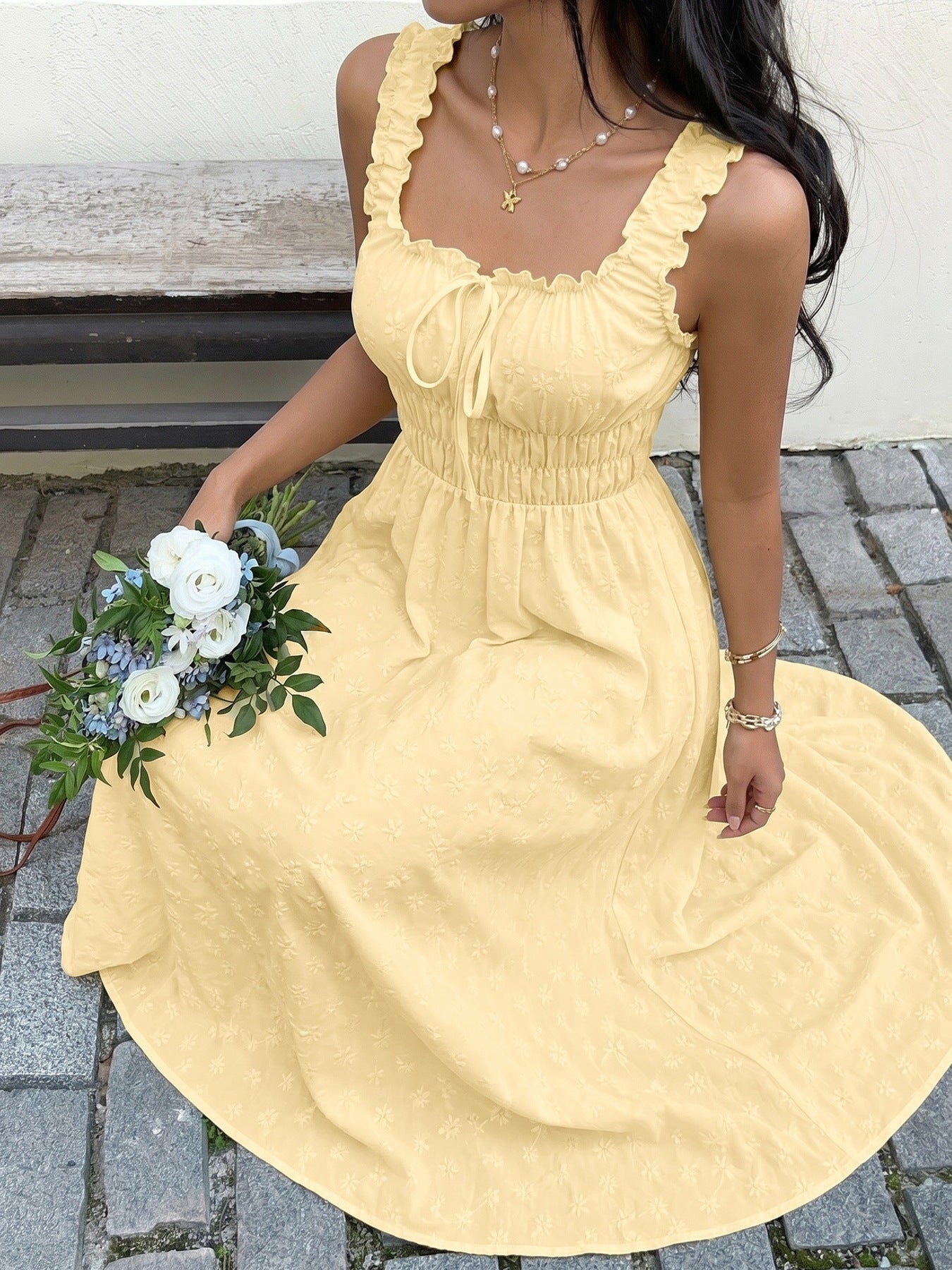 Square Neck Smocked Maxi Dress Ruffle Strap Sundress