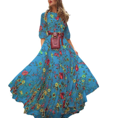 Women's Floral Maxi Dress Long Sleeve A-Line Flowy