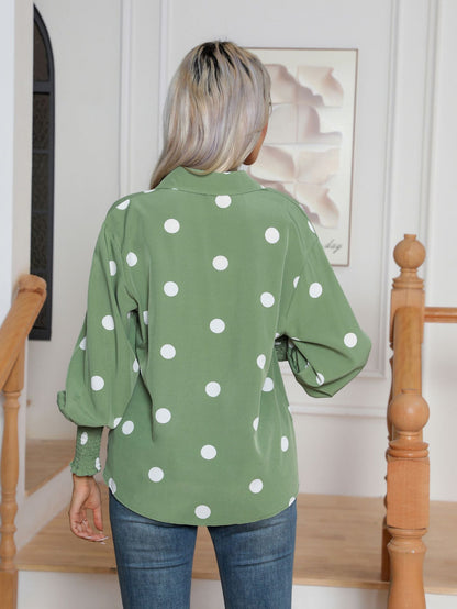 Sage Green Polka Dot Balloon Sleeve Button Down Blouse