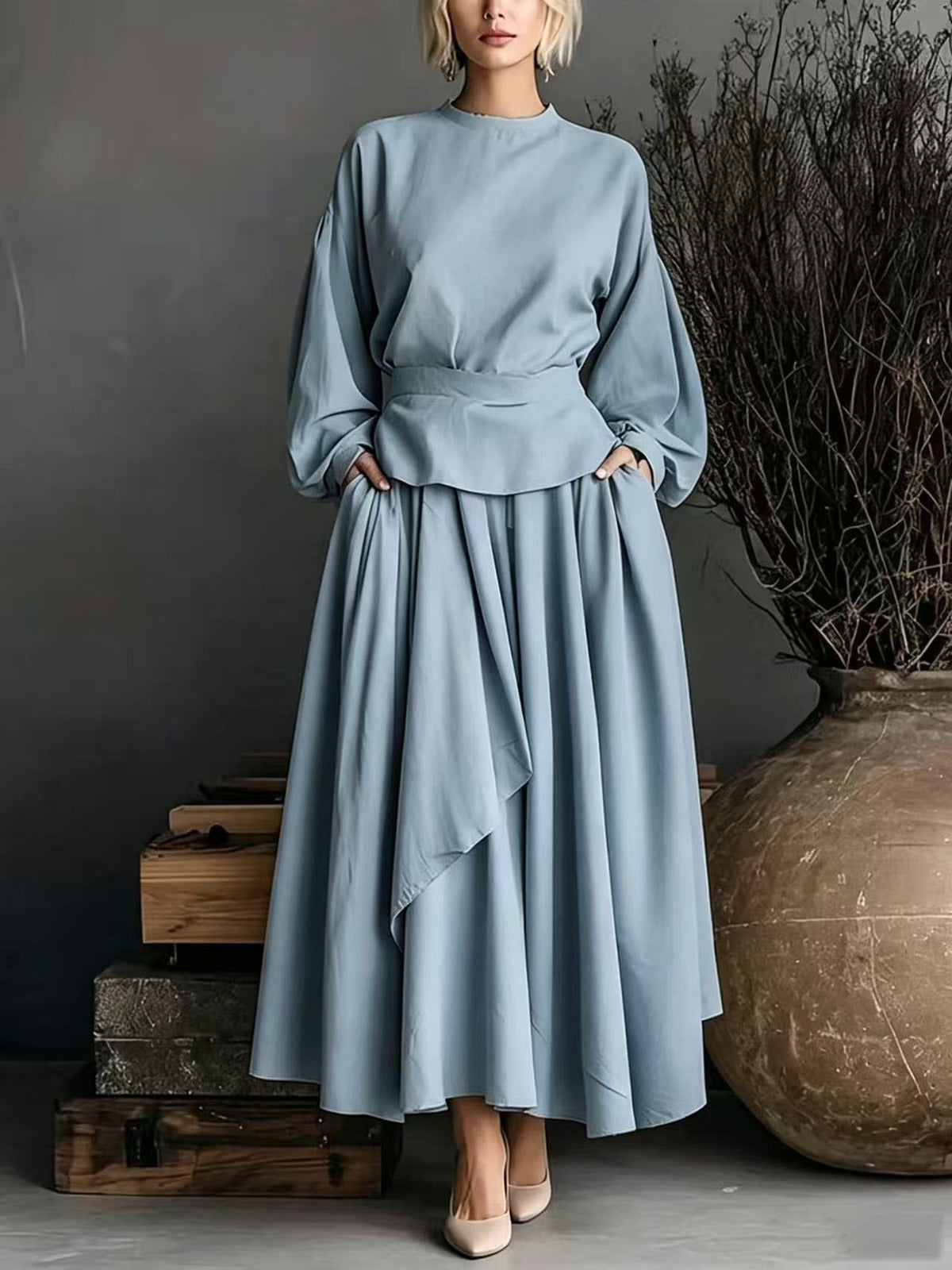 French Linen Cinched Waist Top & Maxi Skirt Set