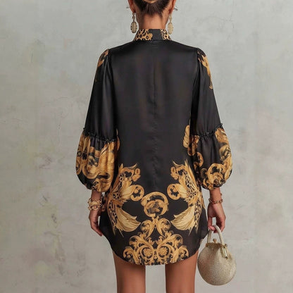 Leopard Floral Satin Mini Dress V-Neck Puff Sleeve