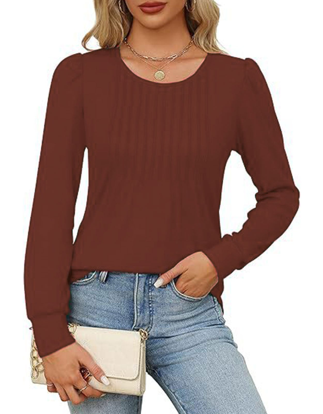 Solid Cotton Pintuck Blouse Long Sleeve Work Top