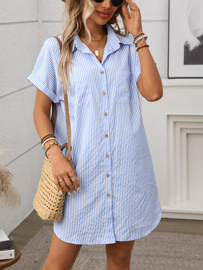 Striped Short Sleeve Shirt Dress Casual Summer Style