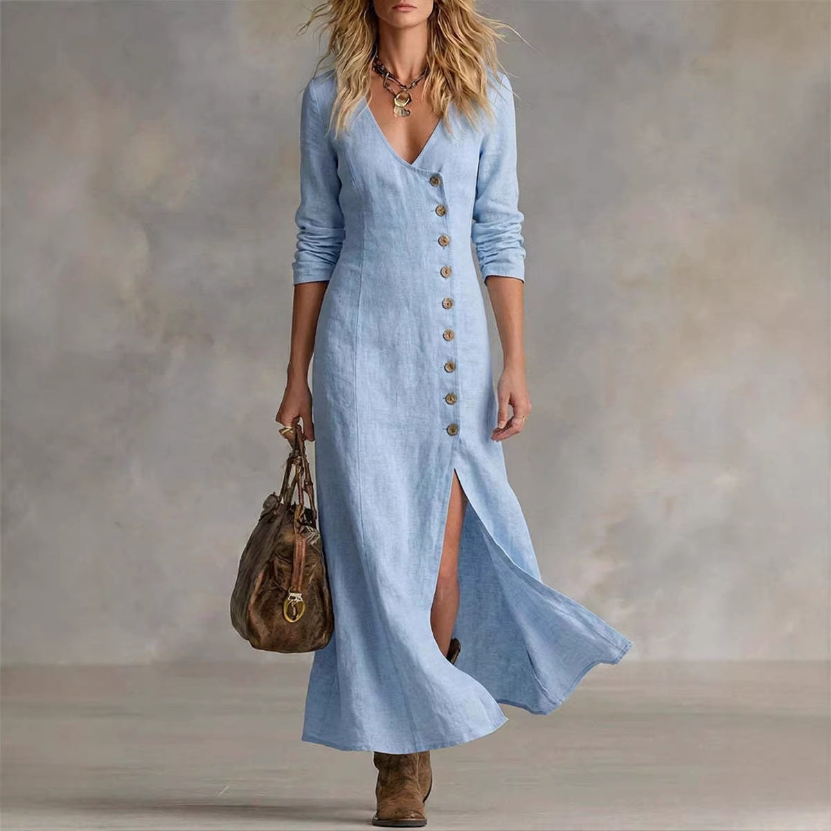 Women's Linen V-Neck Button Front Maxi Dress Slit